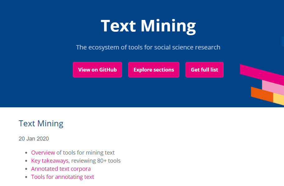 Fig. 6: Screenshot of the Text Mining section, an overview of tools available.