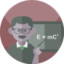 Scientist pointing at the E=MC squared on the board. Illustration.
